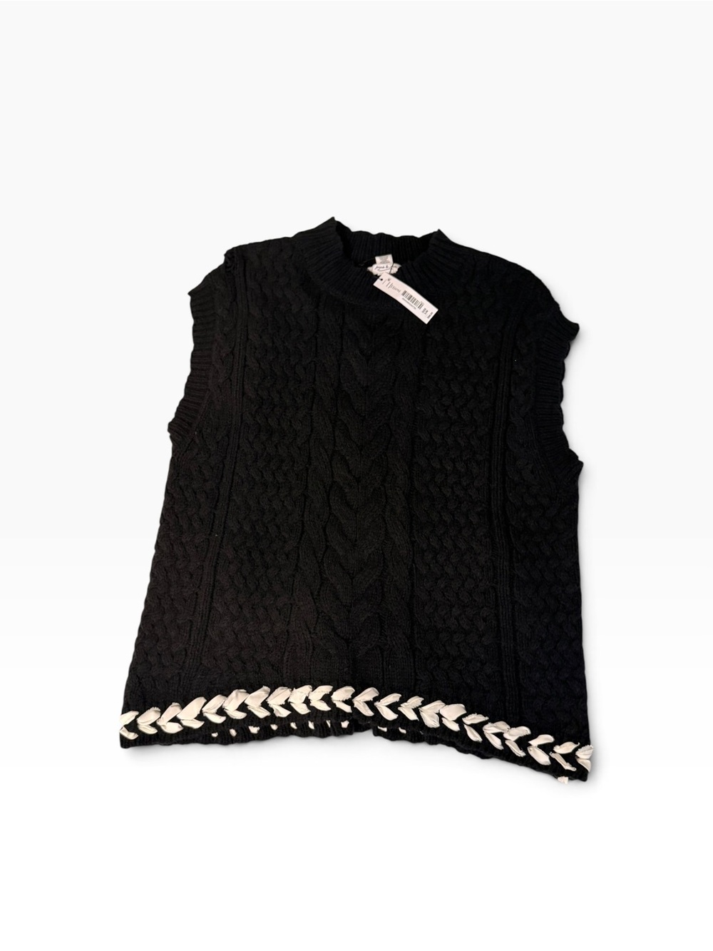 Anna & Ava Black Cable Knit Sleeveless Sweater with White Braid Hem S/M NWT - Picture 3 of 6